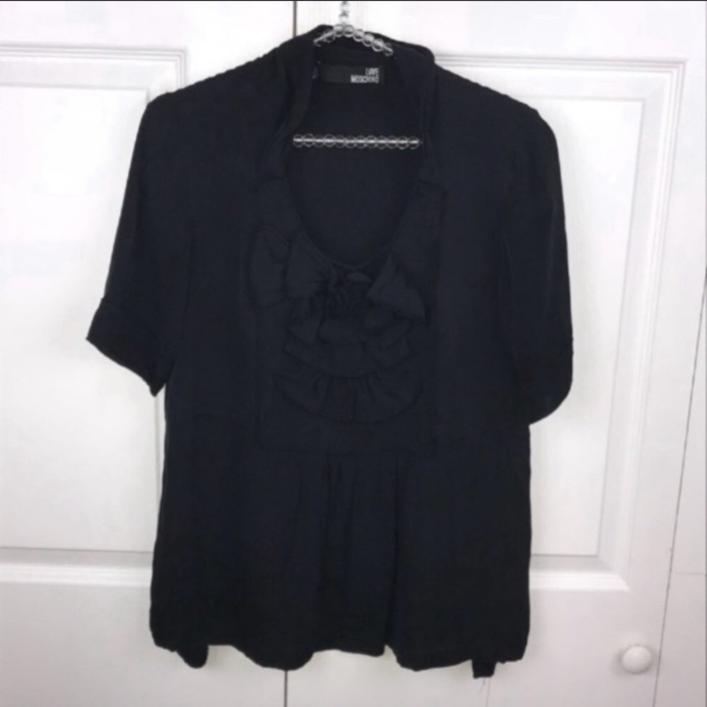 Love Moschino Size 6 Black Silk Ruffle Short Sleeve Top